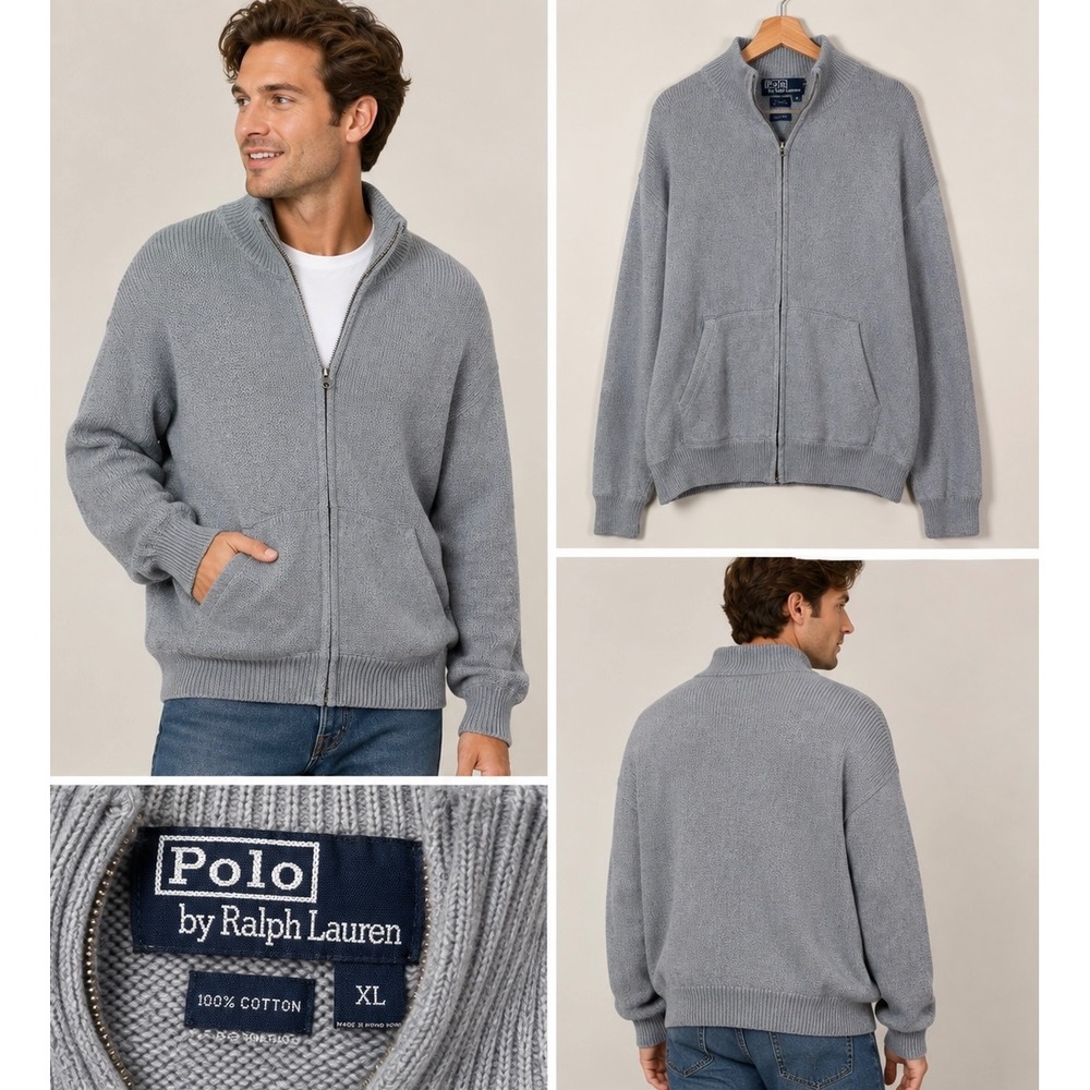 Polo Ralph Lauren Men XL Gray Full Zip Mock Neck 100% Cotton Ribbed Knit Sweater